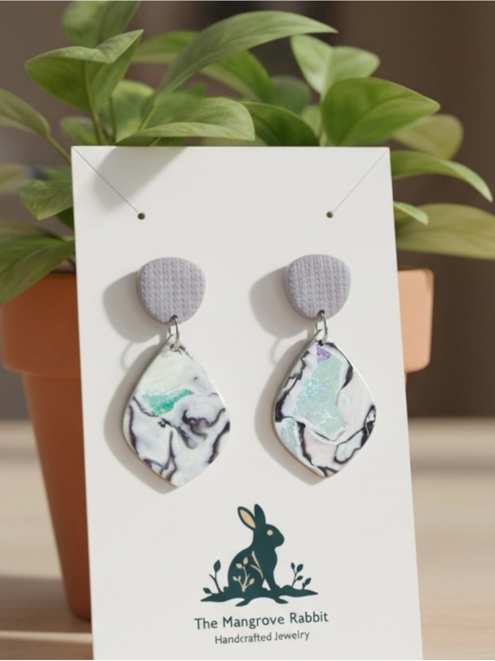 Teardrop Pastel Blue Green Purple Watercolor Look Polymer Clay Dangle Earrings